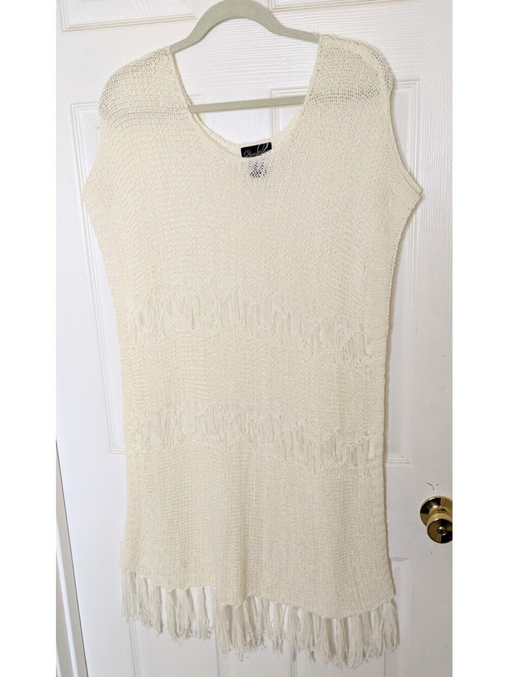 Questions by Say What? Ivory Crocheted Beach / Swim Cover Up Sz Medium Open Knit